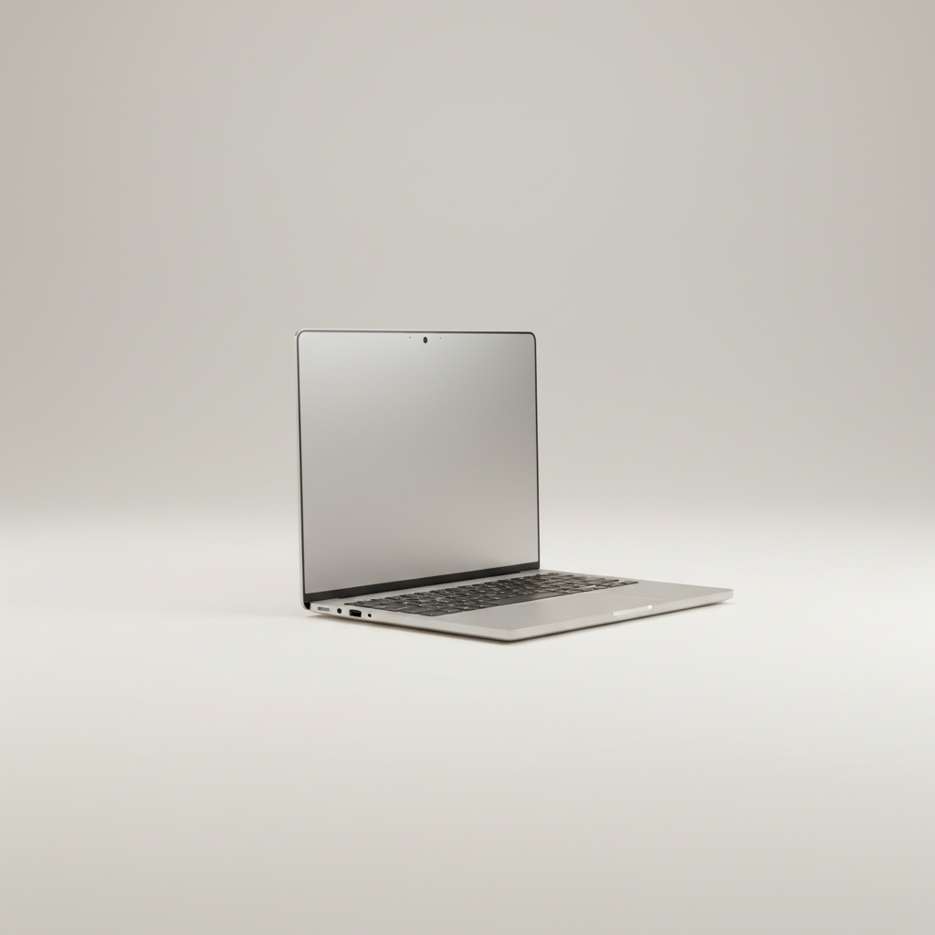 Professional e-commerce product photography of a **brandless** NimbusBook 14 Laptop (Compact daily driver with solid performance and all day battery life.). The entire environment is a perfectly uniform, flat, solid color #EAE9E7 (light warm gray) with absolutely no gradient, vignette, spotlighting, texture, noise, or grain. The object is centered and tiny, occupying only 25% of the frame, surrounded by massive negative space. The background and floor are a seamless, infinite cyclorama of solid color #EAE9E7 with no horizon line, no corner, and no visible wall/floor transition. Lighting: ultra-even high-key with very strong global illumination and soft, multi-directional bounced fill (studio light tent look). Bright exposure (lifted midtones and shadows, low contrast), slightly overexposed overall while preserving product detail. Fully diffuse, no hard shadows, no cast shadows; at most a barely visible neutral contact shadow. No harsh specular highlights. Framing: simple 3/4 view. Perfectly centered. Style: ultra-clean, minimalistic. No logos, no text, no distractions. 8k resolution, sharp details on the object.