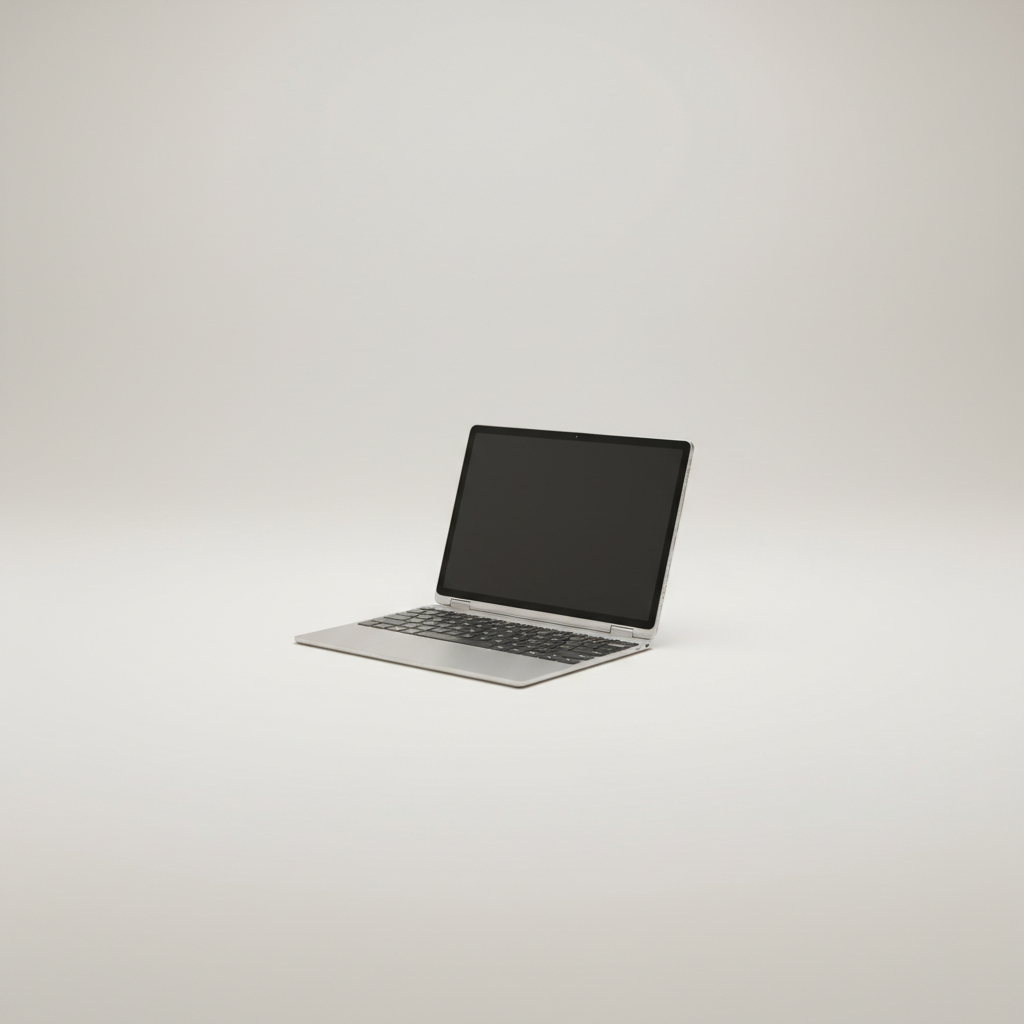 Professional e-commerce product photography of a **brandless** AeroTab Pro 15 Convertible (Versatile 2-in-1 tablet laptop with keyboard dock.). The entire environment is a perfectly uniform, flat, solid color #EAE9E7 (light warm gray) with absolutely no gradient, vignette, spotlighting, texture, noise, or grain. The object is centered and tiny, occupying only 25% of the frame, surrounded by massive negative space. The background and floor are a seamless, infinite cyclorama of solid color #EAE9E7 with no horizon line, no corner, and no visible wall/floor transition. Lighting: ultra-even high-key with very strong global illumination and soft, multi-directional bounced fill (studio light tent look). Bright exposure (lifted midtones and shadows, low contrast), slightly overexposed overall while preserving product detail. Fully diffuse, no hard shadows, no cast shadows; at most a barely visible neutral contact shadow. No harsh specular highlights. Framing: simple 3/4 view. Perfectly centered. Style: ultra-clean, minimalistic. No logos, no text, no distractions. 8k resolution, sharp details on the object.