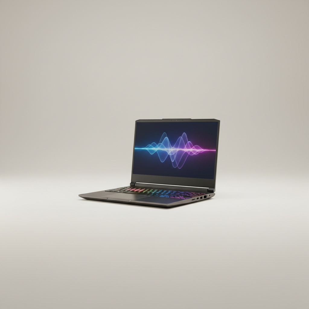 Professional e-commerce product photography of a **brandless** Pulse Gaming Laptop 15 (High performance gaming laptop with speedy graphics.). The entire environment is a perfectly uniform, flat, solid color #EAE9E7 (light warm gray) with absolutely no gradient, vignette, spotlighting, texture, noise, or grain. The object is centered and tiny, occupying only 25% of the frame, surrounded by massive negative space. The background and floor are a seamless, infinite cyclorama of solid color #EAE9E7 with no horizon line, no corner, and no visible wall/floor transition. Lighting: ultra-even high-key with very strong global illumination and soft, multi-directional bounced fill (studio light tent look). Bright exposure (lifted midtones and shadows, low contrast), slightly overexposed overall while preserving product detail. Fully diffuse, no hard shadows, no cast shadows; at most a barely visible neutral contact shadow. No harsh specular highlights. Framing: simple 3/4 view. Perfectly centered. Style: ultra-clean, minimalistic. No logos, no text, no distractions. 8k resolution, sharp details on the object.