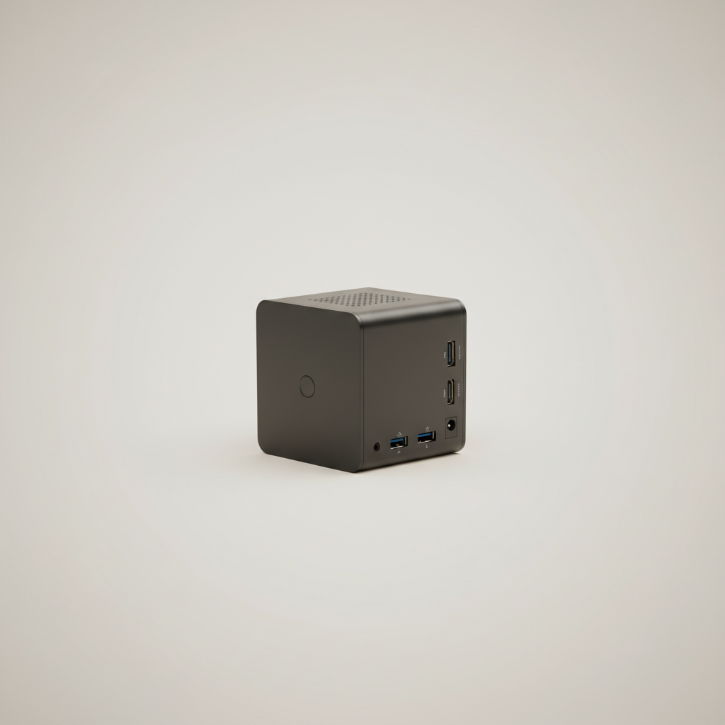 Professional e-commerce product photography of a **brandless** Quanta Desktop Mini PC (Compact desktop powerhouse for home and small office use.). The entire environment is a perfectly uniform, flat, solid color #EAE9E7 (light warm gray) with absolutely no gradient, vignette, spotlighting, texture, noise, or grain. The object is centered and tiny, occupying only 25% of the frame, surrounded by massive negative space. The background and floor are a seamless, infinite cyclorama of solid color #EAE9E7 with no horizon line, no corner, and no visible wall/floor transition. Lighting: ultra-even high-key with very strong global illumination and soft, multi-directional bounced fill (studio light tent look). Bright exposure (lifted midtones and shadows, low contrast), slightly overexposed overall while preserving product detail. Fully diffuse, no hard shadows, no cast shadows; at most a barely visible neutral contact shadow. No harsh specular highlights. Framing: simple 3/4 view. Perfectly centered. Style: ultra-clean, minimalistic. No logos, no text, no distractions. 8k resolution, sharp details on the object.